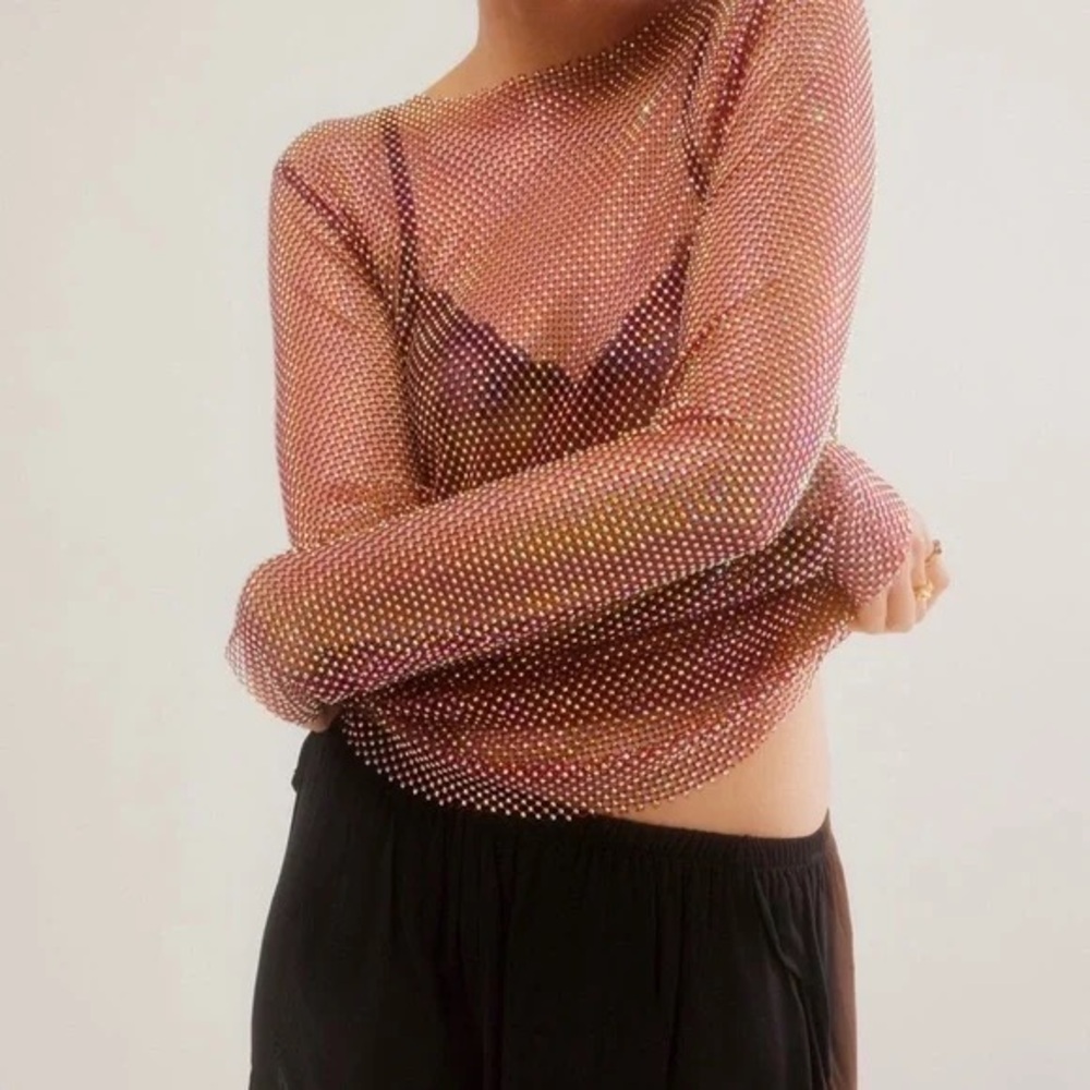 Free People Rose Gold Rhinestone Mesh Long-Sleeve Top